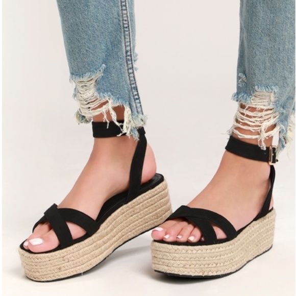 Black Vegan Suede Espadrille Platform Sandals - Picture 2 of 4